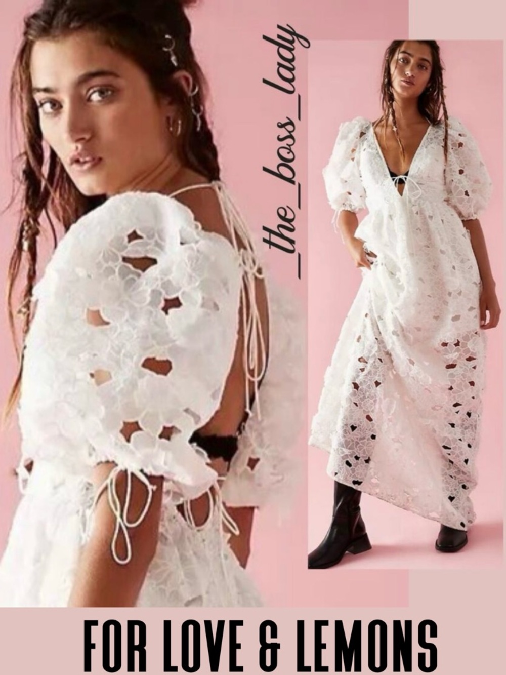For Love and Lemons lace maxi dress floral embroidery applique puff sleeves